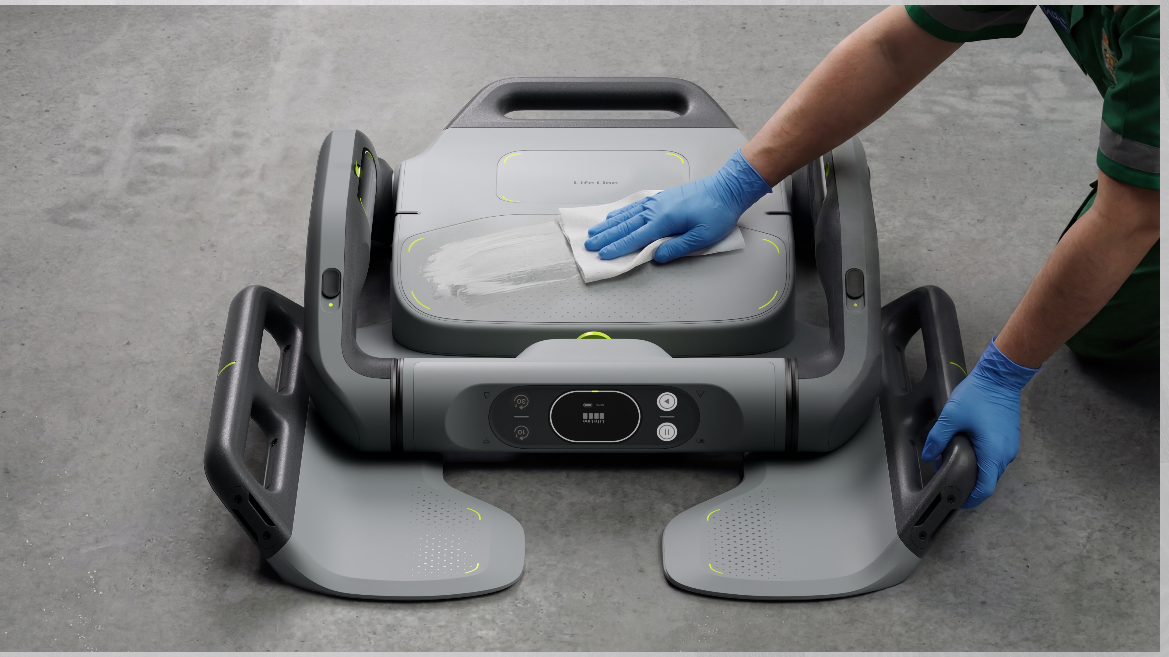 Ease of cleaning demonstration showing blood on device surfaces