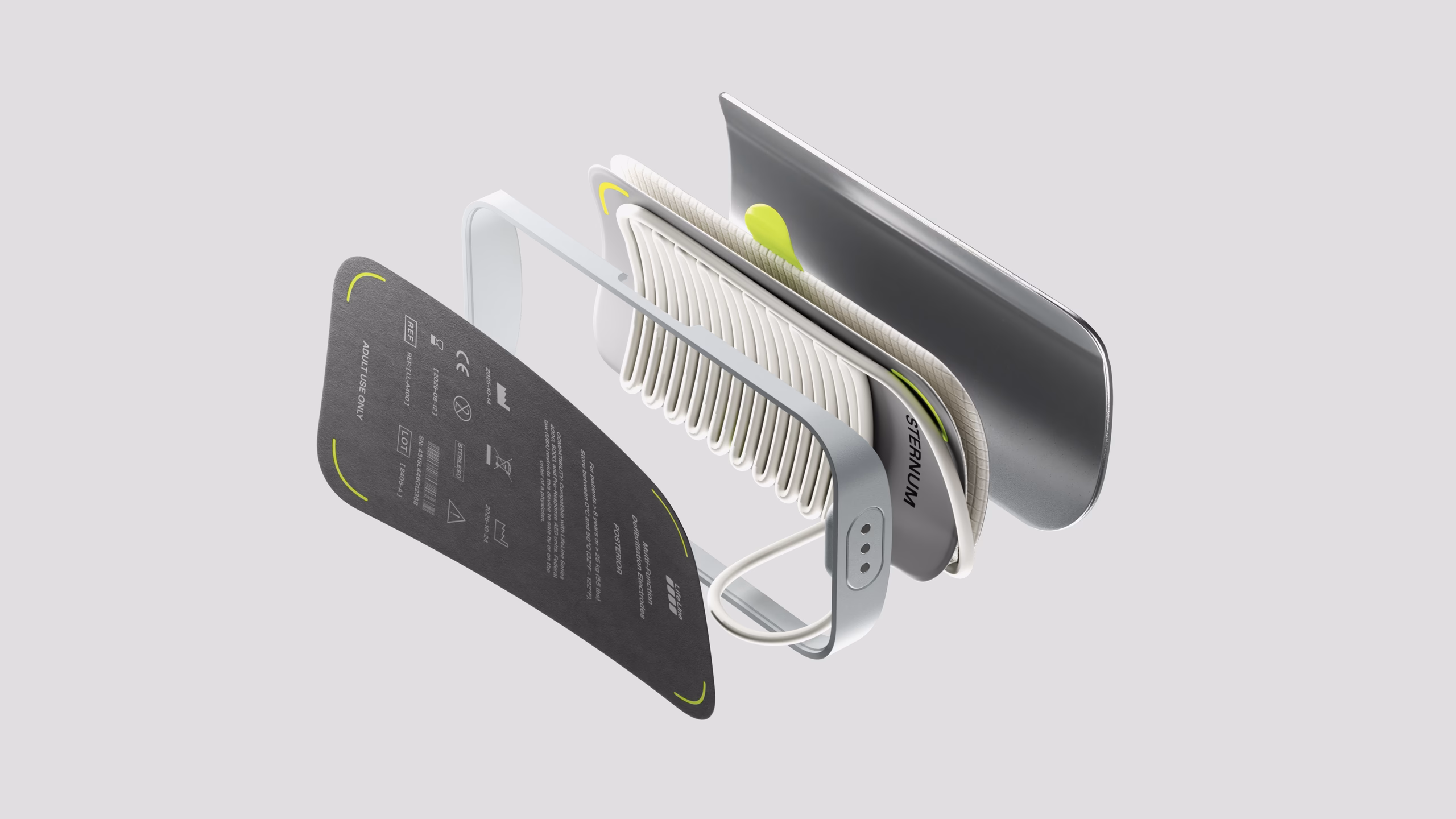 Exploded view of pad canister showing translucent housing, live hinge, and green pull tab