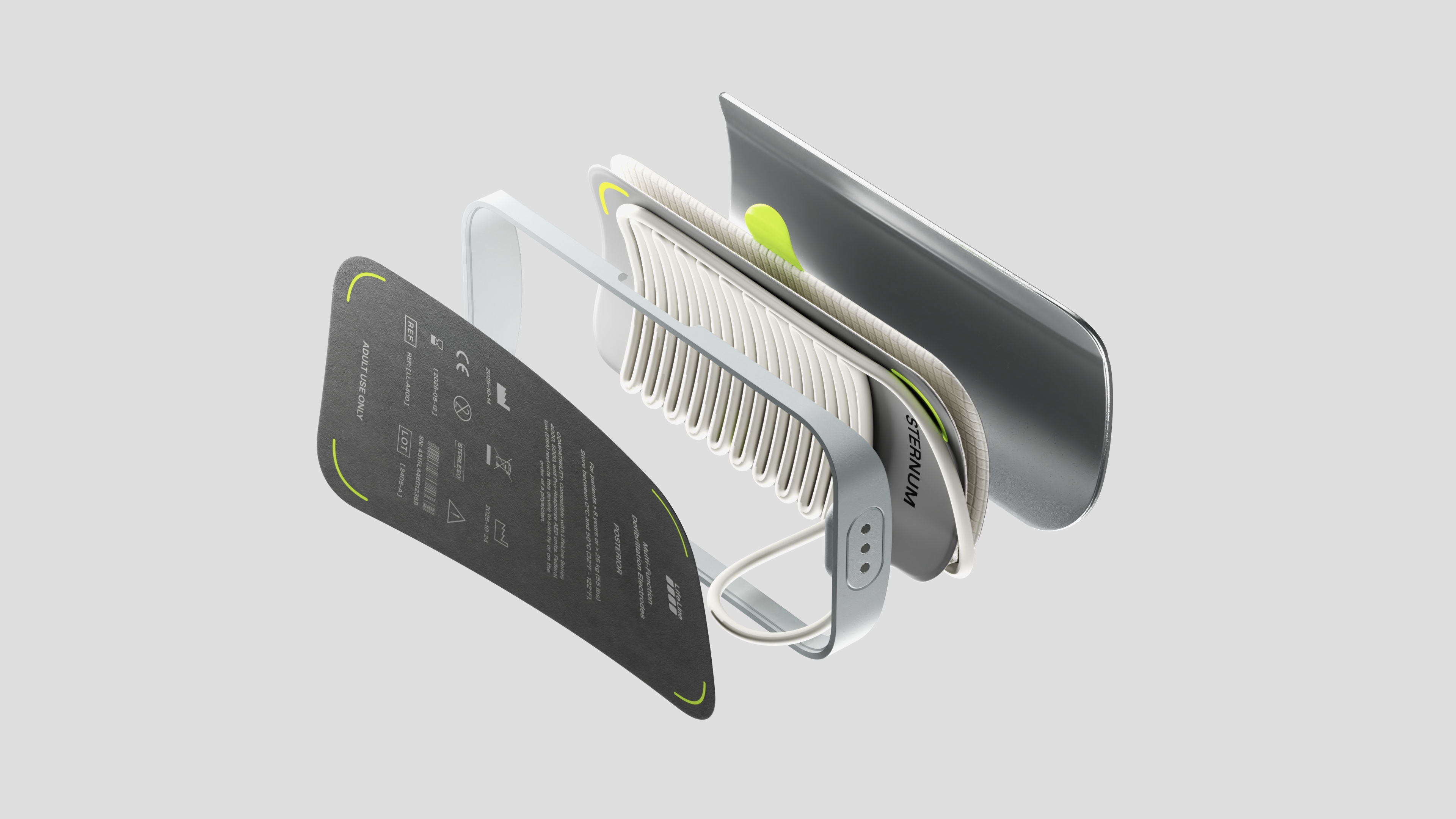 Exploded view of pad canister showing translucent housing, live hinge, and green pull tab