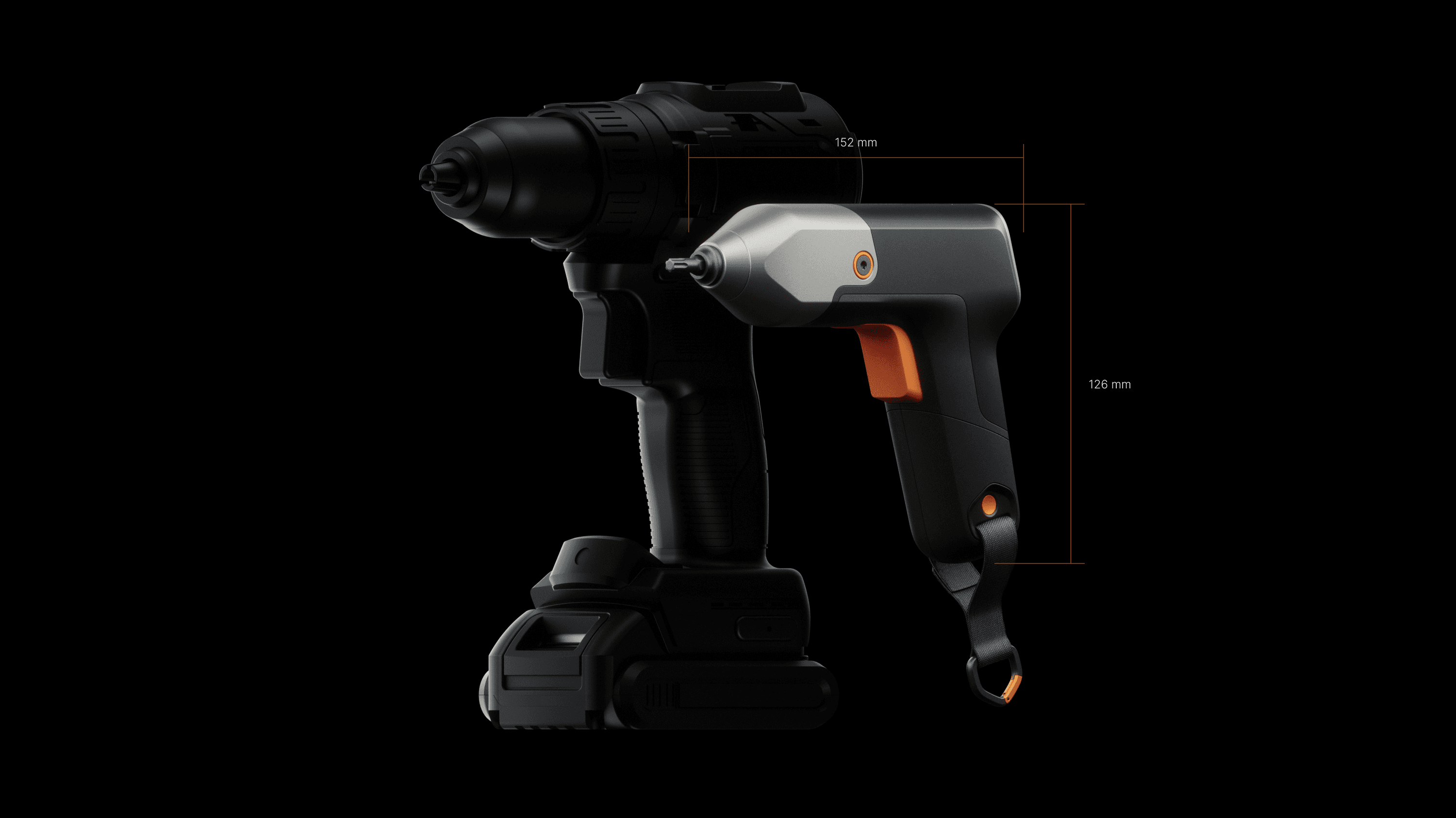 Pro Mini compact size comparison with standard drill, showing dimension annotations of 152mm width and 126mm height