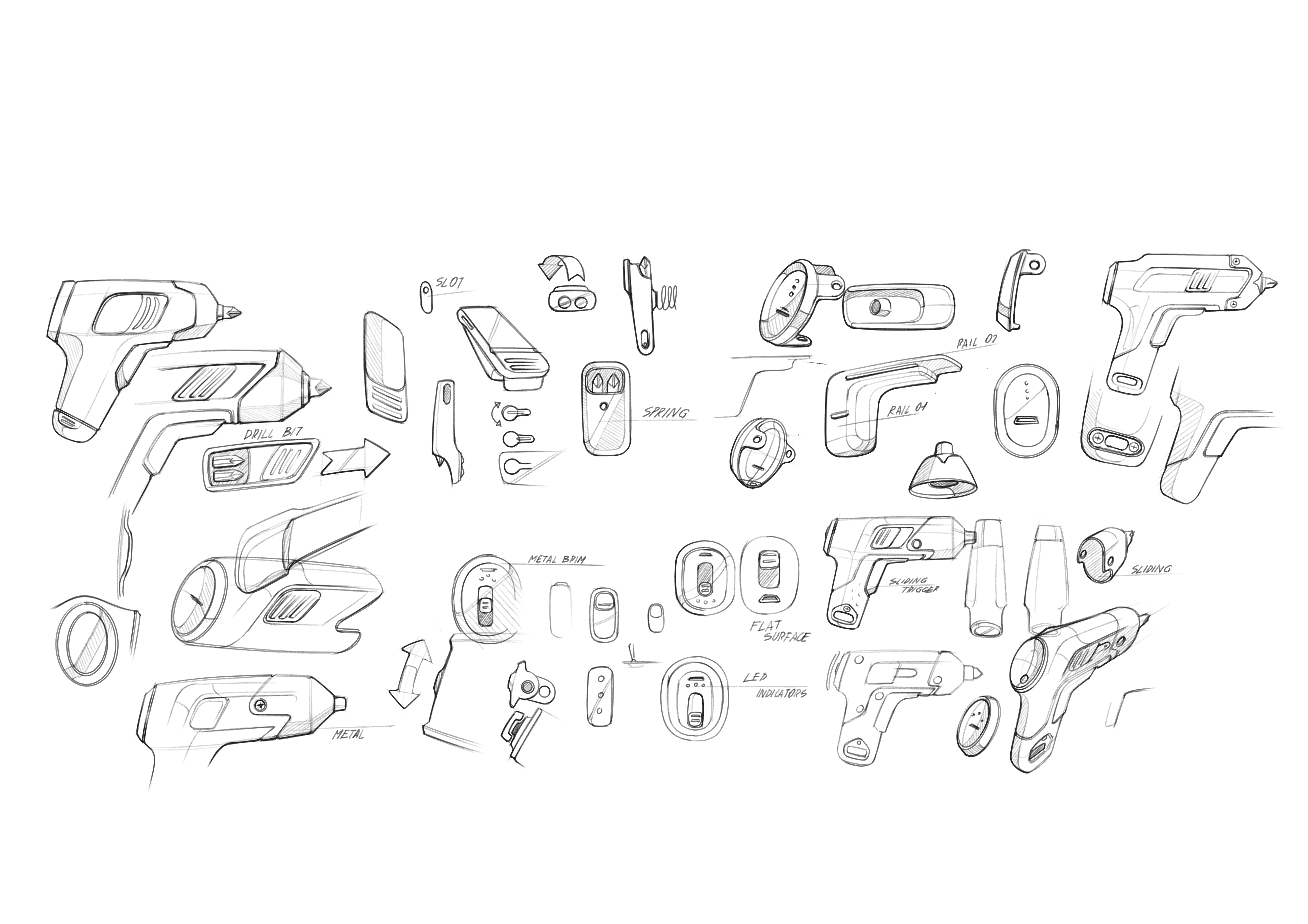 Pro Mini design exploration sketches showing grip variations, button placements, and form factor iterations