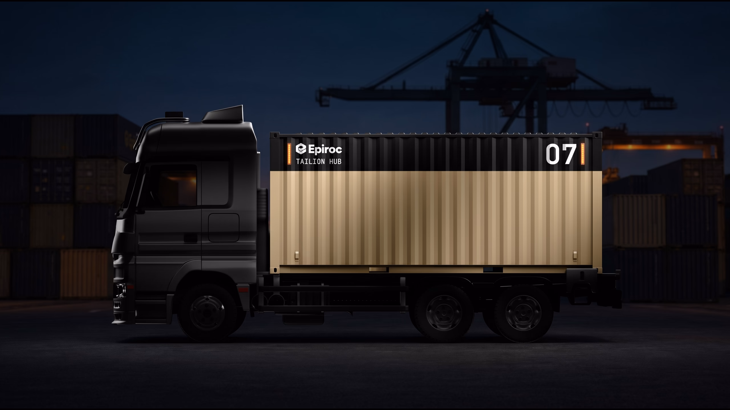 Tailion HUB container transported on truck at a shipping port