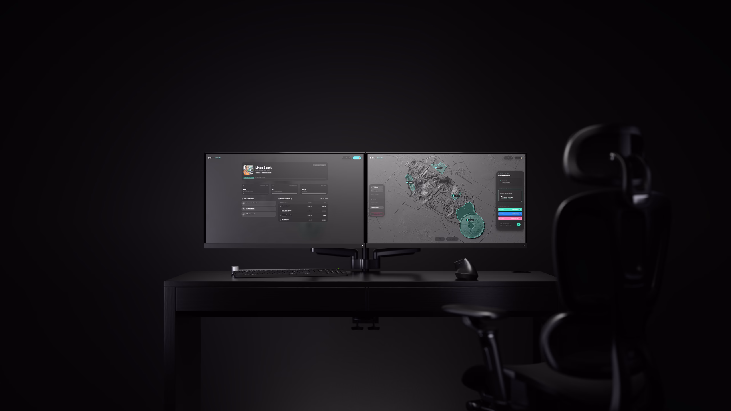 Tailion remote digital dashboard showing fleet telemetry and digital twin data on dual displays
