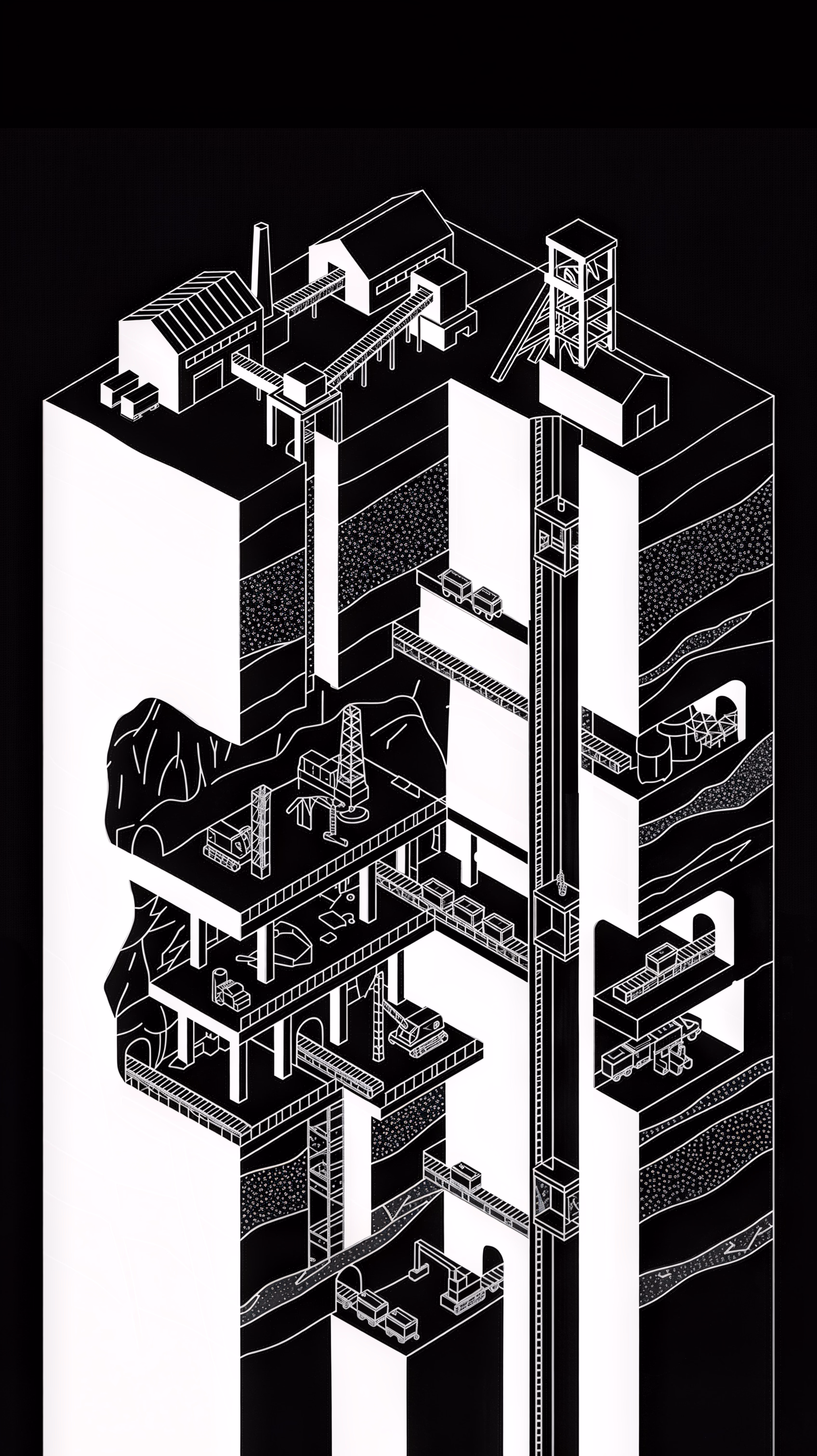 Isometric cross-section of underground mining operations from surface facilities to deep ore extraction